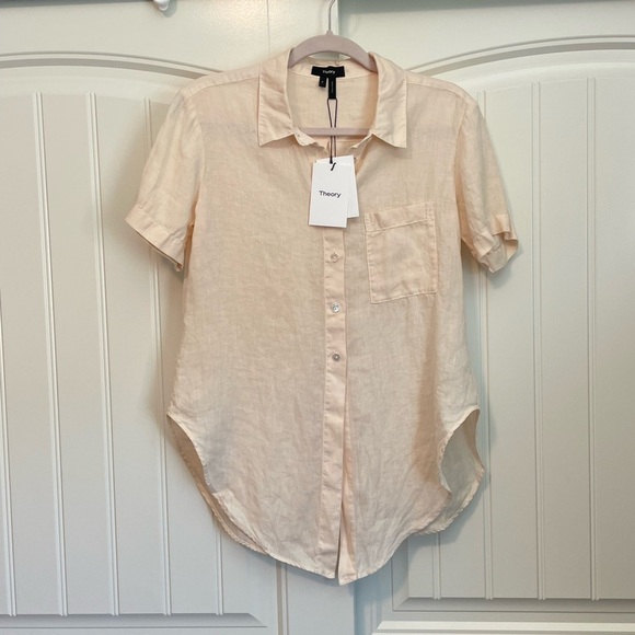 NWT Theory Hekanina Shirt Women's Peach pink Linen front tie Button down Size P - Picture 2 of 7